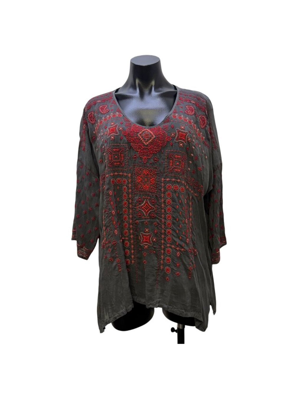 Johnny Was Gray Rayon Blouse With Red Embroidery Size M